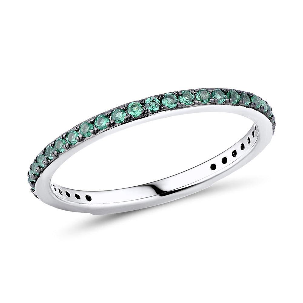 Skinny Sterling Silver Band Ring for Women with Green Cubic Stones