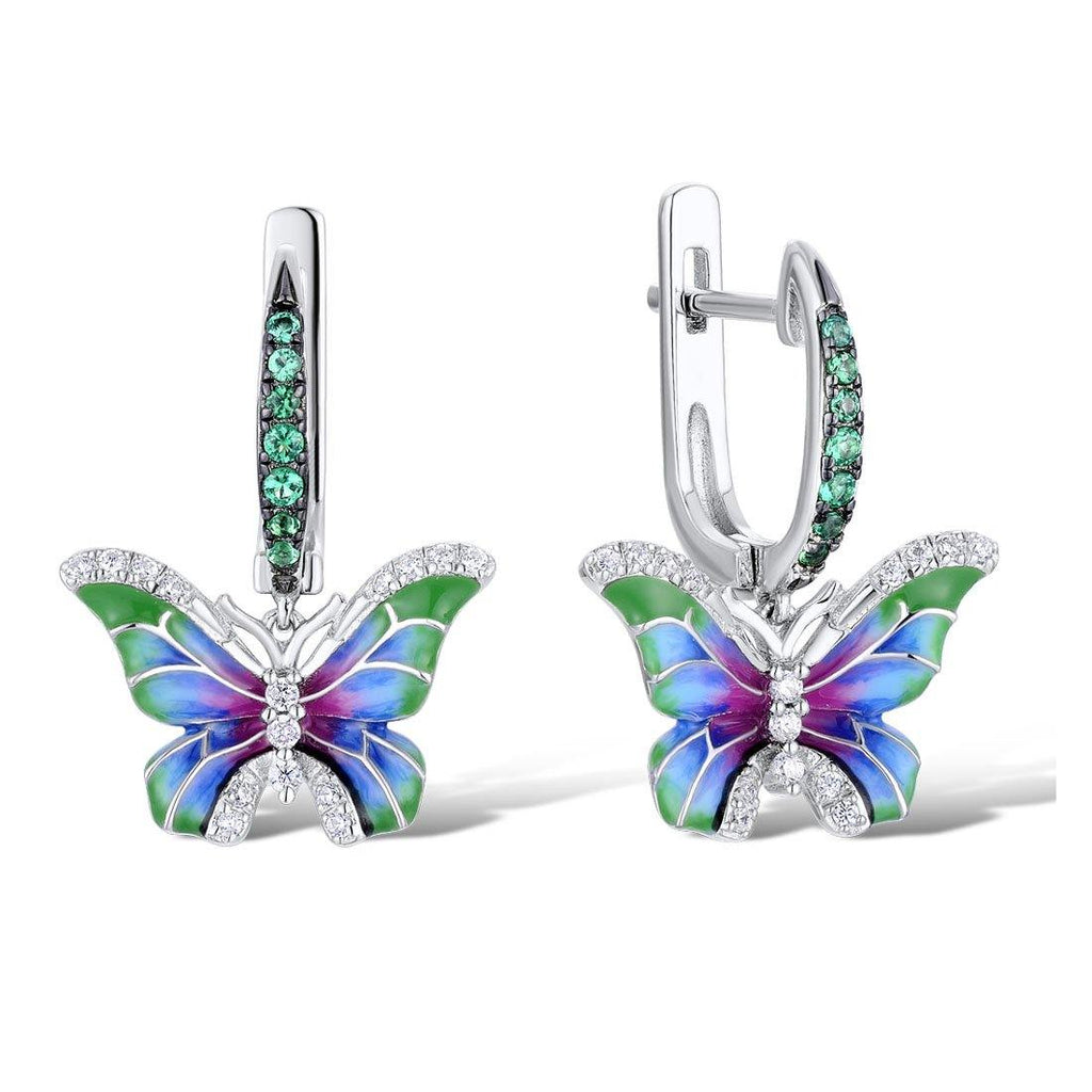 Sterling Silver Butterfly Earrings for Women with Green Enamel Details and Cubic Zirconia Gemstones