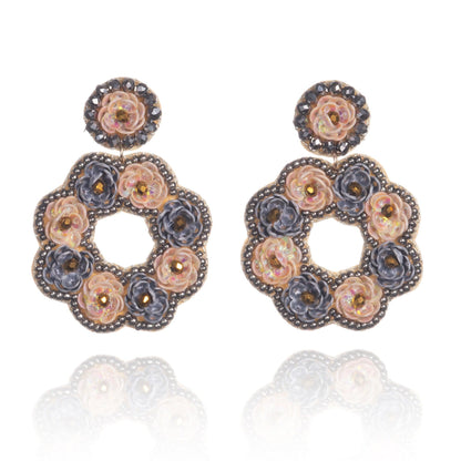 Large Grey and Salmon Flower Statement Earrings for Women - namana.london