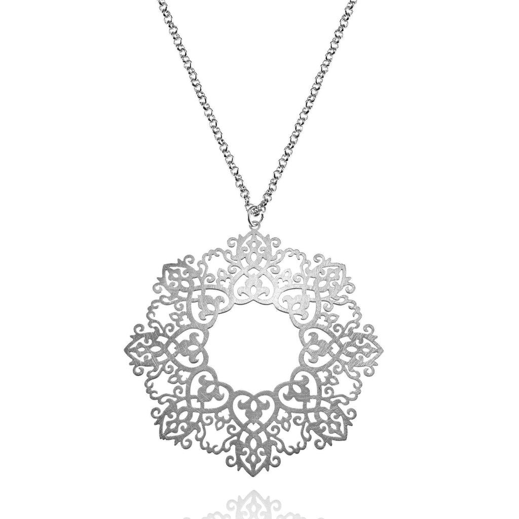 Long Mandala Pendant Necklace with Brushed Finish - namana.london