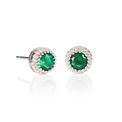 Halo Stud Earrings with Green Cubic Zirconia Stones - namana.london