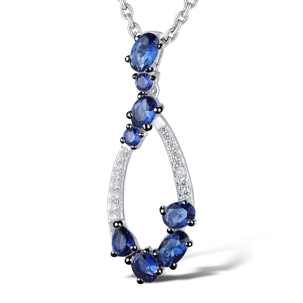 Sterling Silver Drop Pendant Necklace for Women with Blue Stones and Cubic Zirconia Gemstones - namana.london
