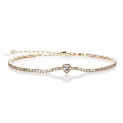 Gold Plated Skinny Tennis Bracelet with a Heart Shaped Stone - namana.london