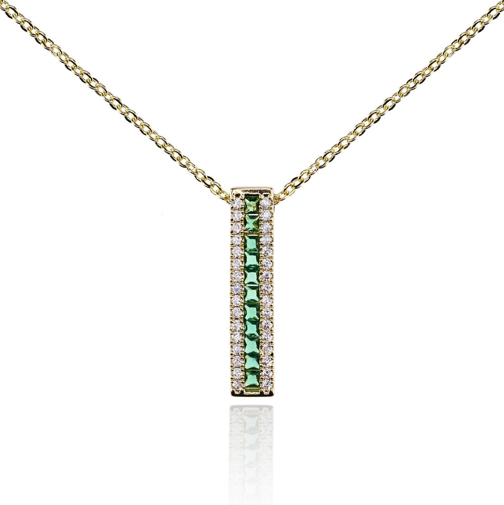 Gold Bar Pendant Necklace with Green Cubic Zirconia Stones - namana.london