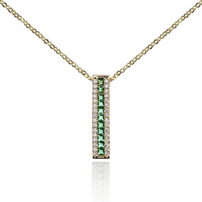 Gold Bar Pendant Necklace with Green Cubic Zirconia Stones - namana.london