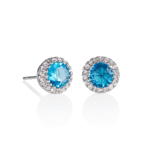 Halo Stud Earrings with Sky Blue Cubic Zirconia Stones - namana.london