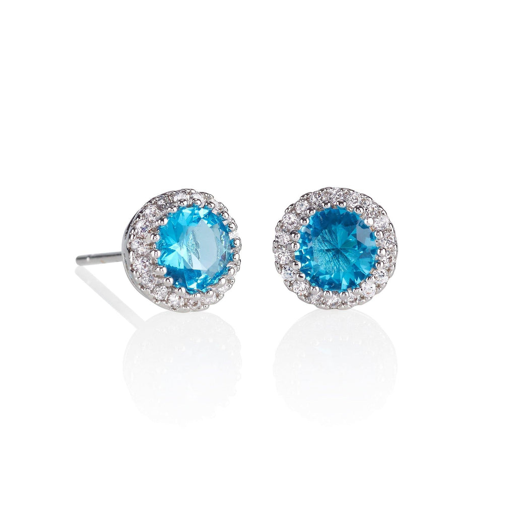 Halo Stud Earrings with Sky Blue Cubic Zirconia Stones - namana.london