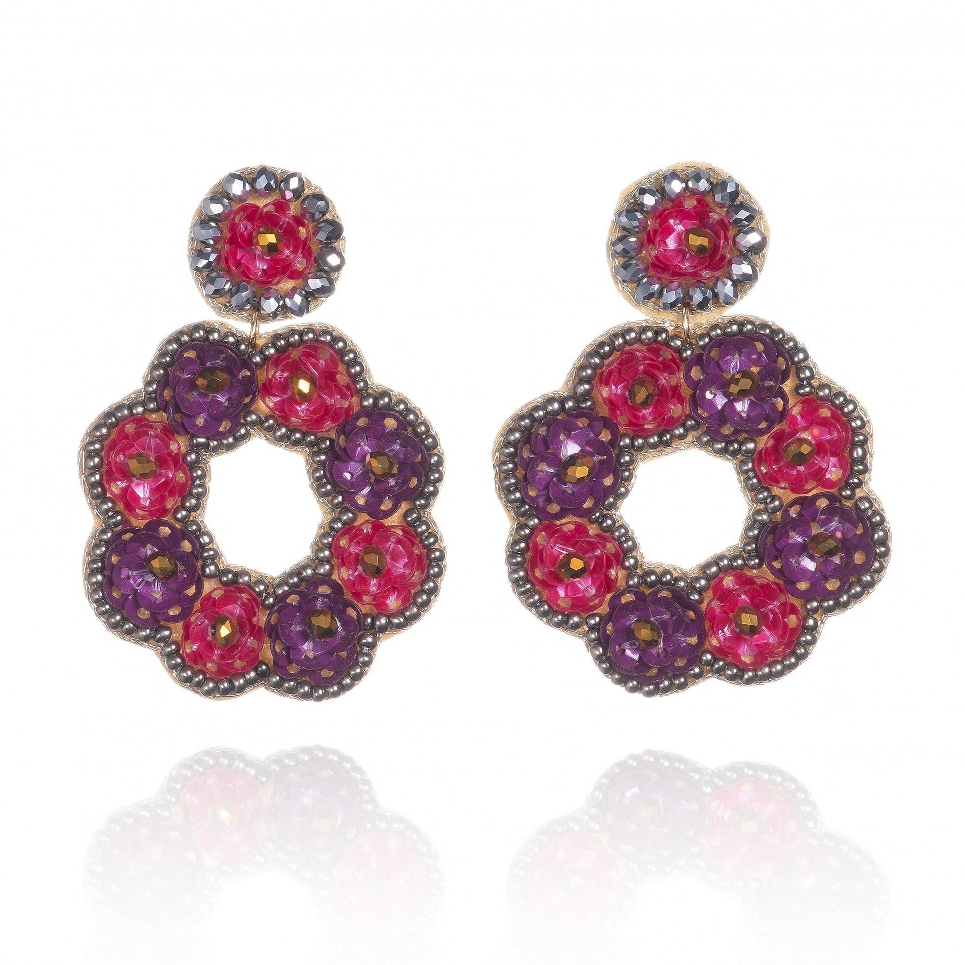 Large Pink and Purple Flower Statement Earrings for Women - namana.london