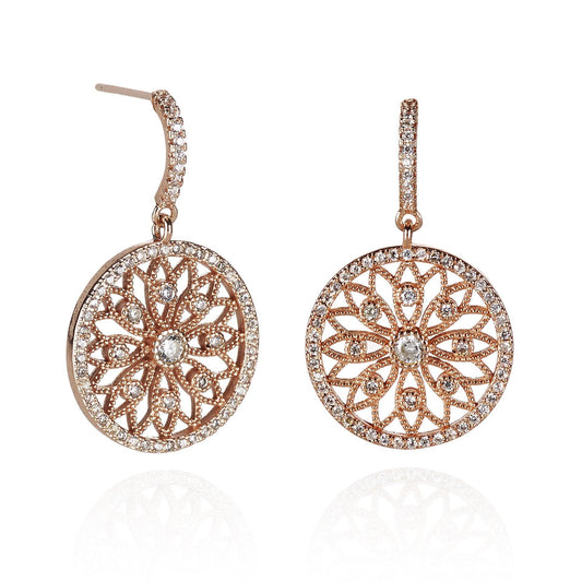 Rose Gold Mandala Arabesque Dangle Earrings with Cubic Zirconia - namana.london