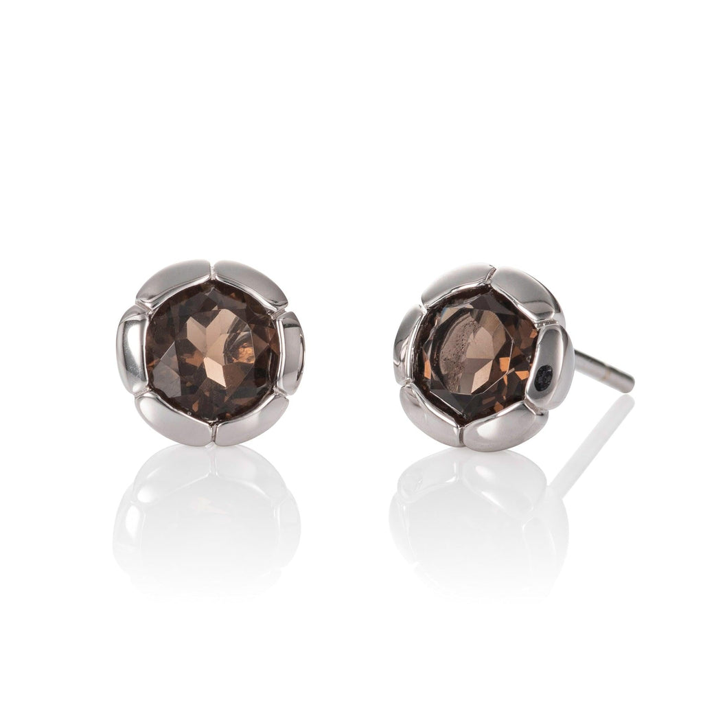 925 Sterling Silver Round Stud Earrings with Smoky Quartz Gemstones