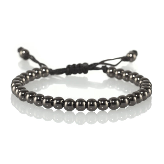 Gunmetal Black Bracelet for Men with Metal Beads on Adjustable Black Cord - namana.london