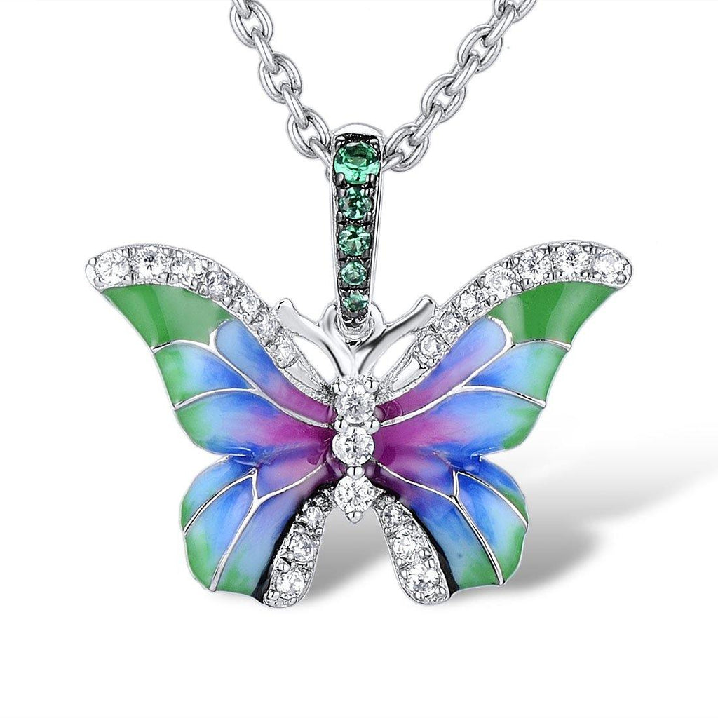 Sterling Silver Enamel Green Butterfly Pendant Necklace for Women