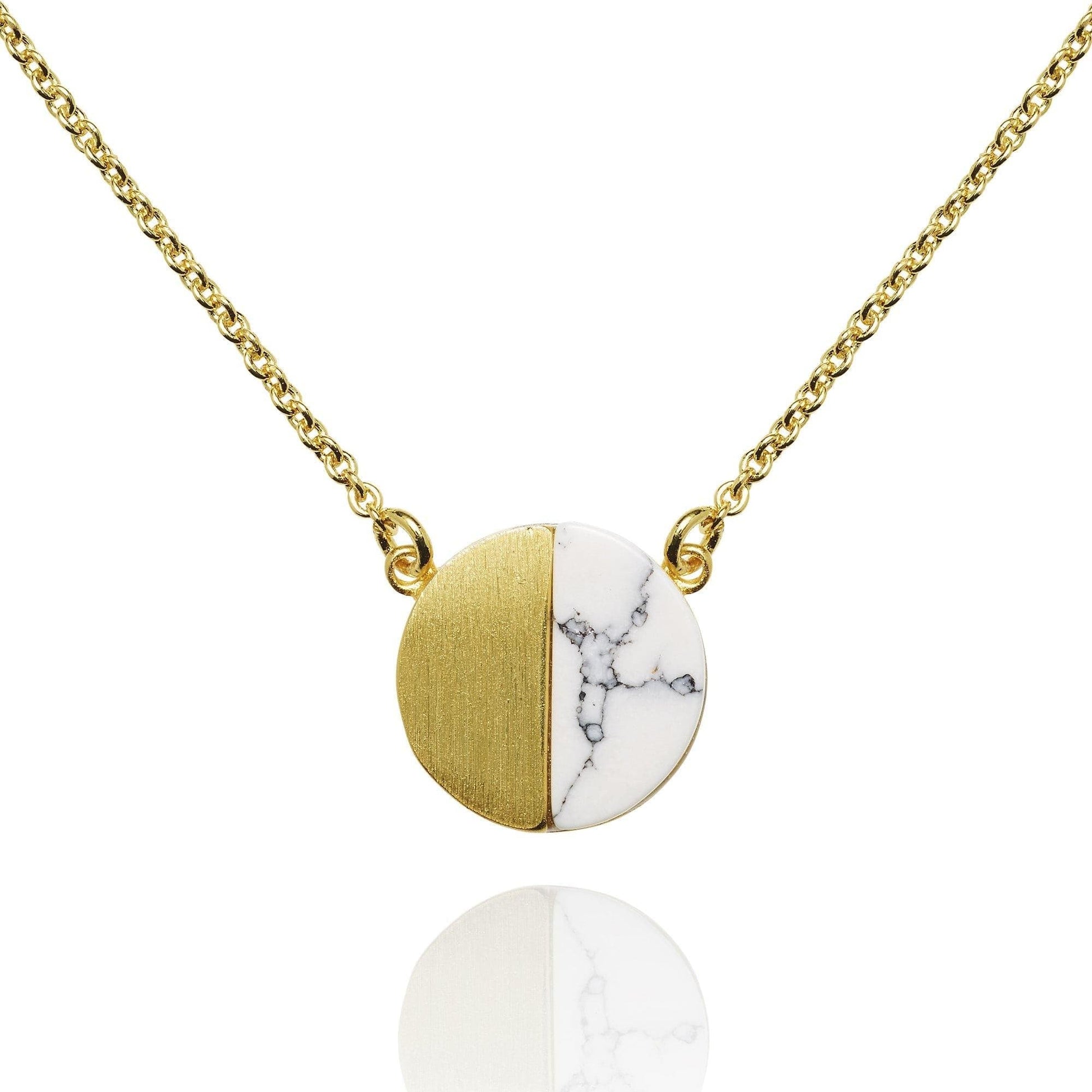 Gold Disc Pendant Necklace with a Created White Agate - namana.london