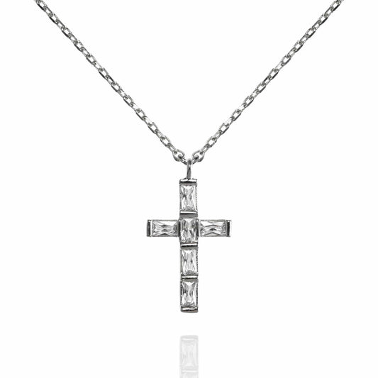 Cross Pendant Necklace with Baguette Cubic Zirconia - namana.london