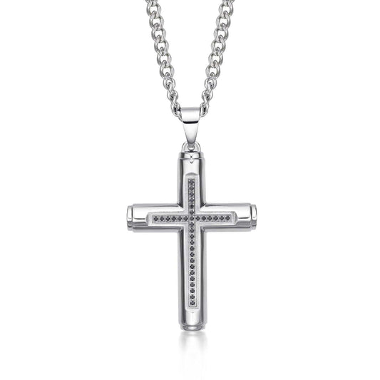 Large Cross Pendant Necklace for Men with Black Stones - namana.london