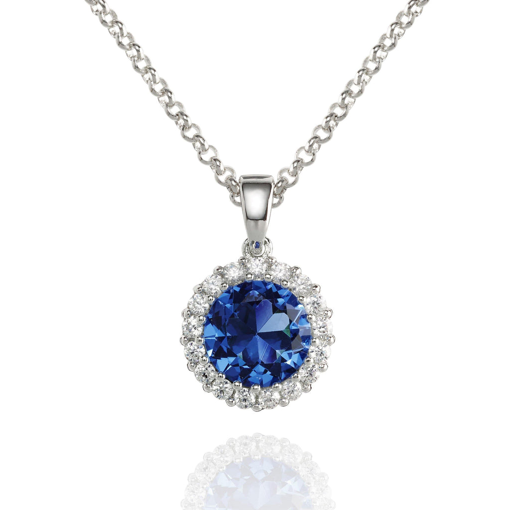Halo Pendant Necklace with a Blue Cubic Zirconia Stone