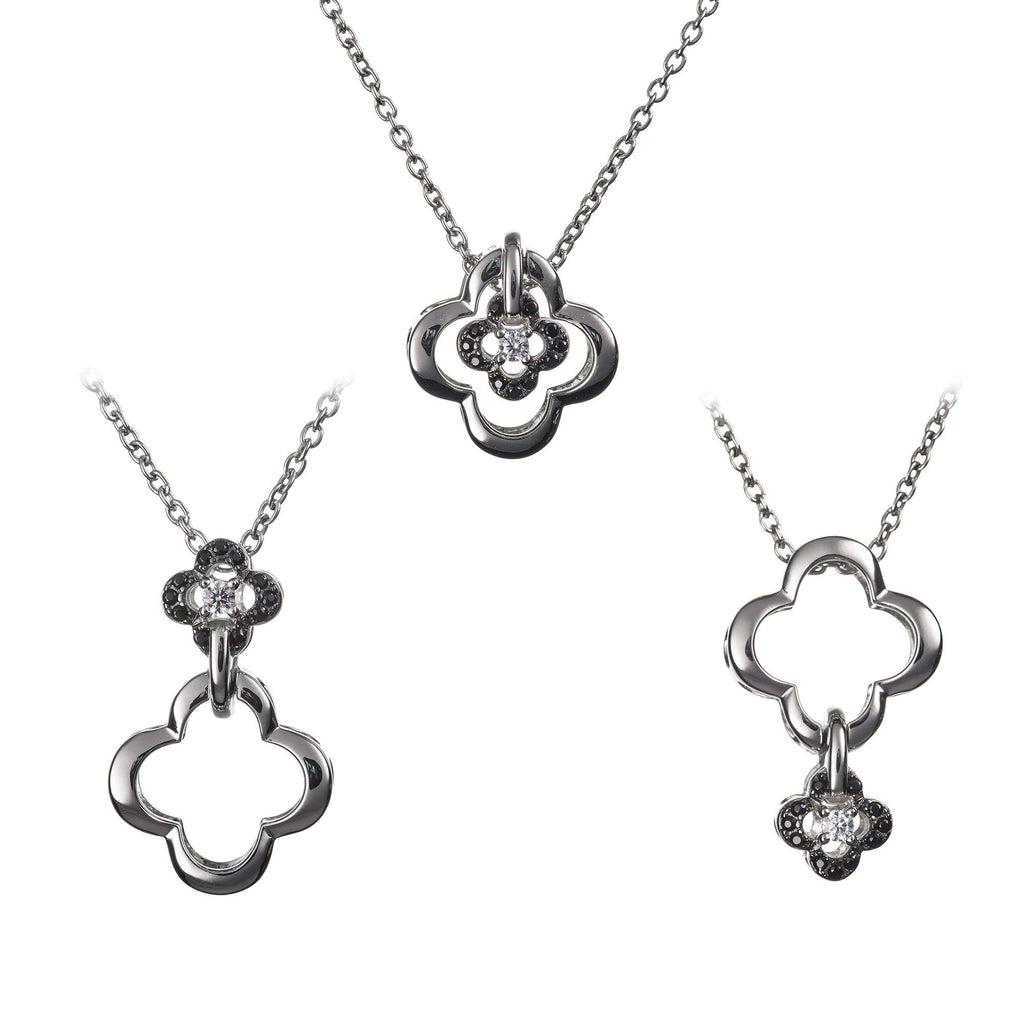 Sterling Silver Multi Wear Black and White Clover Pendant Necklace - namana.london