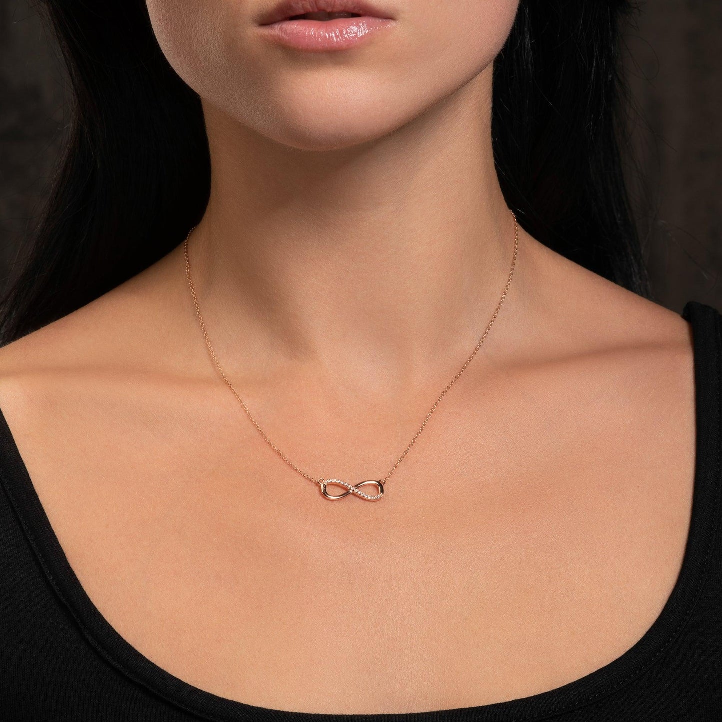 Rose Gold Plated Sterling Silver Infinity Necklace with Cubic Zirconia - namana.london