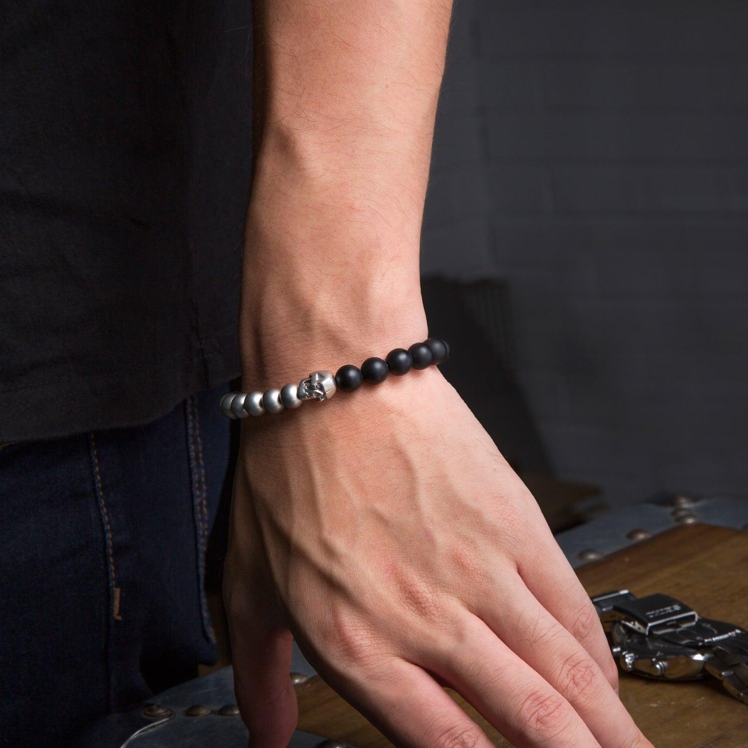 Skull Bead Stretch Bracelet for Men in Steel and Black Agates - namana.london