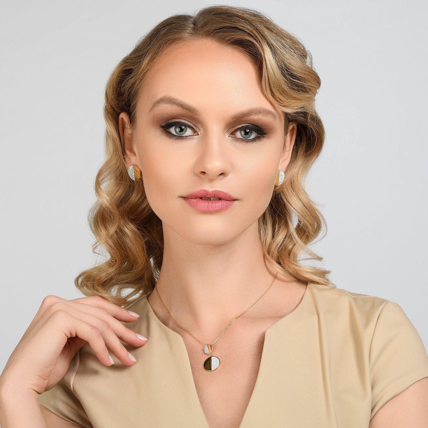 Gold Disc Stud Earrings with Swarovski Crystals - namana.london