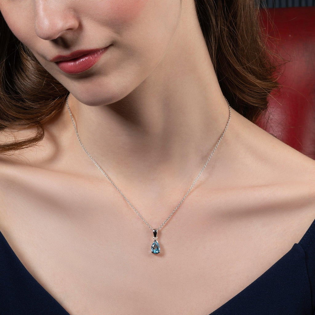 925 Sterling Silver Pear Shaped Blue Topaz Pendant Necklace - namana.london