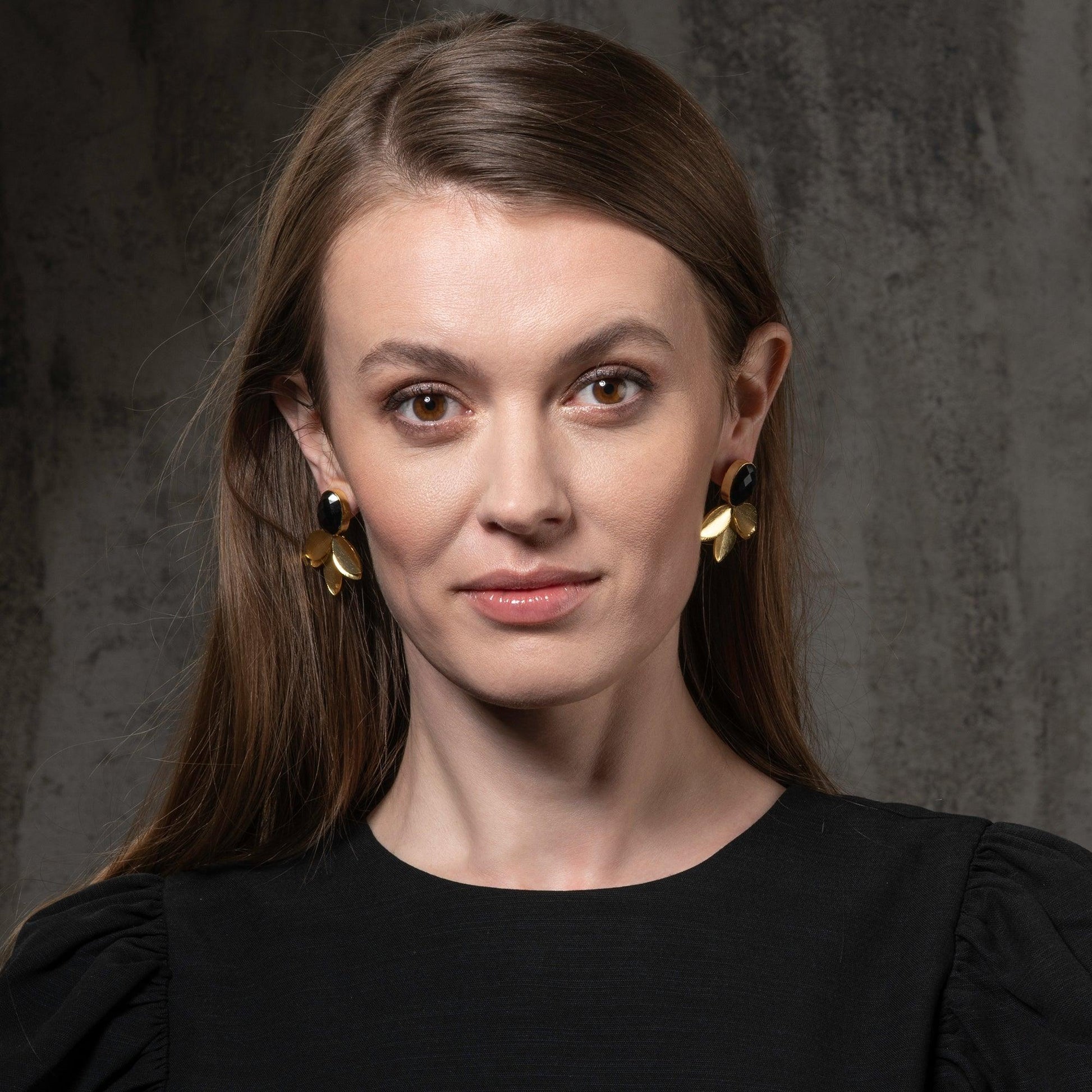 Large Gold Statement Earrings with Black Onyx - namana.london