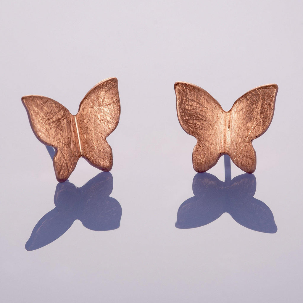 Rose Gold Butterfly Stud Earrings with Brushed Finish - namana.london