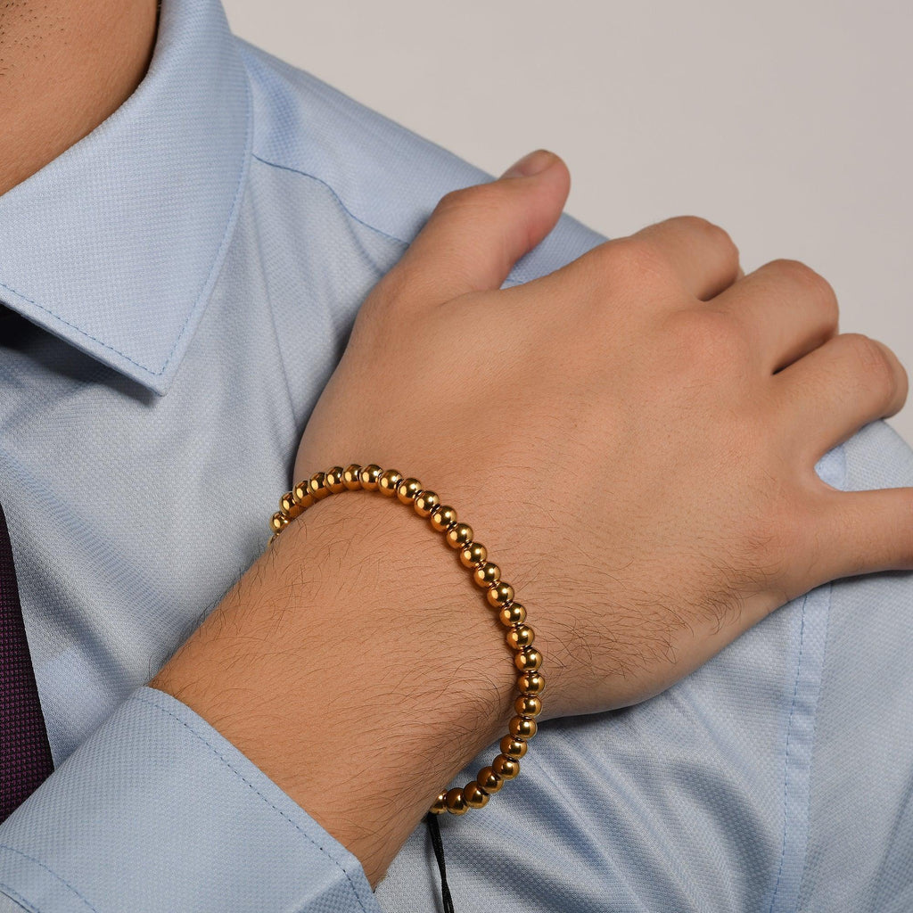 Rose Gold Mens Bracelet with Metal Beads on Adjustable Black Cord - namana.london