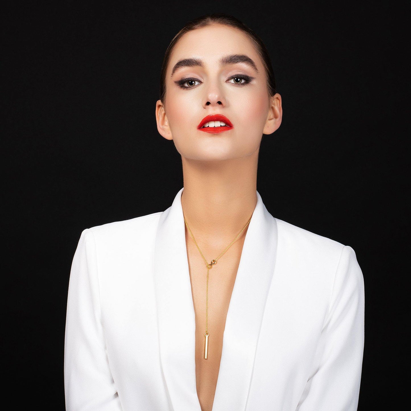 Gold Infinity Y Necklace. Gold Lariat Necklace with a Vertical Bar - namana.london