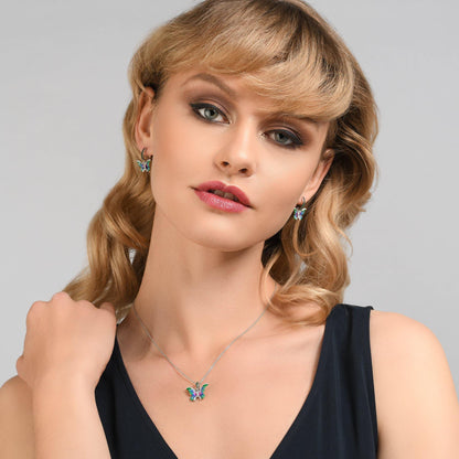 Sterling Silver Butterfly Earrings for Women with Green Enamel Details and Cubic Zirconia Gemstones - namana.london