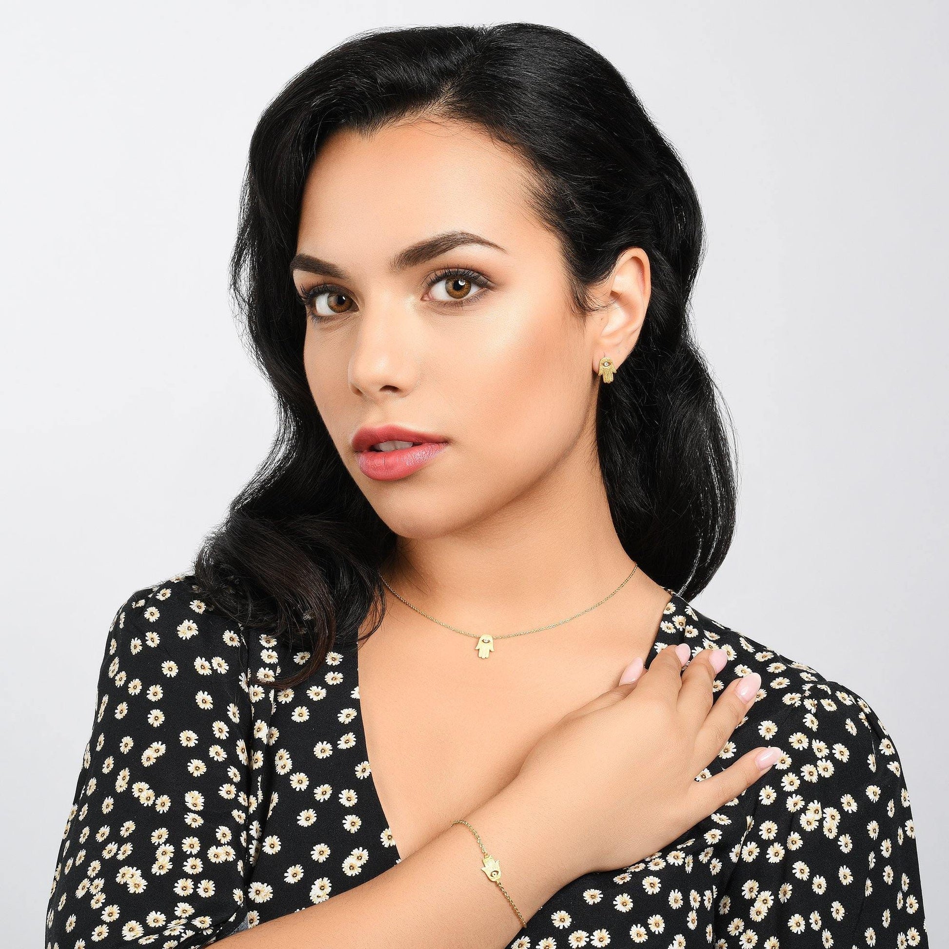 Gold Hamsa Pendant Necklace. Brushed Finish Lucky Charm Necklace. - namana.london