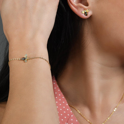 Gold Bumble Bee Bracelet with Cubic Zirconia and Black Enamel - namana.london
