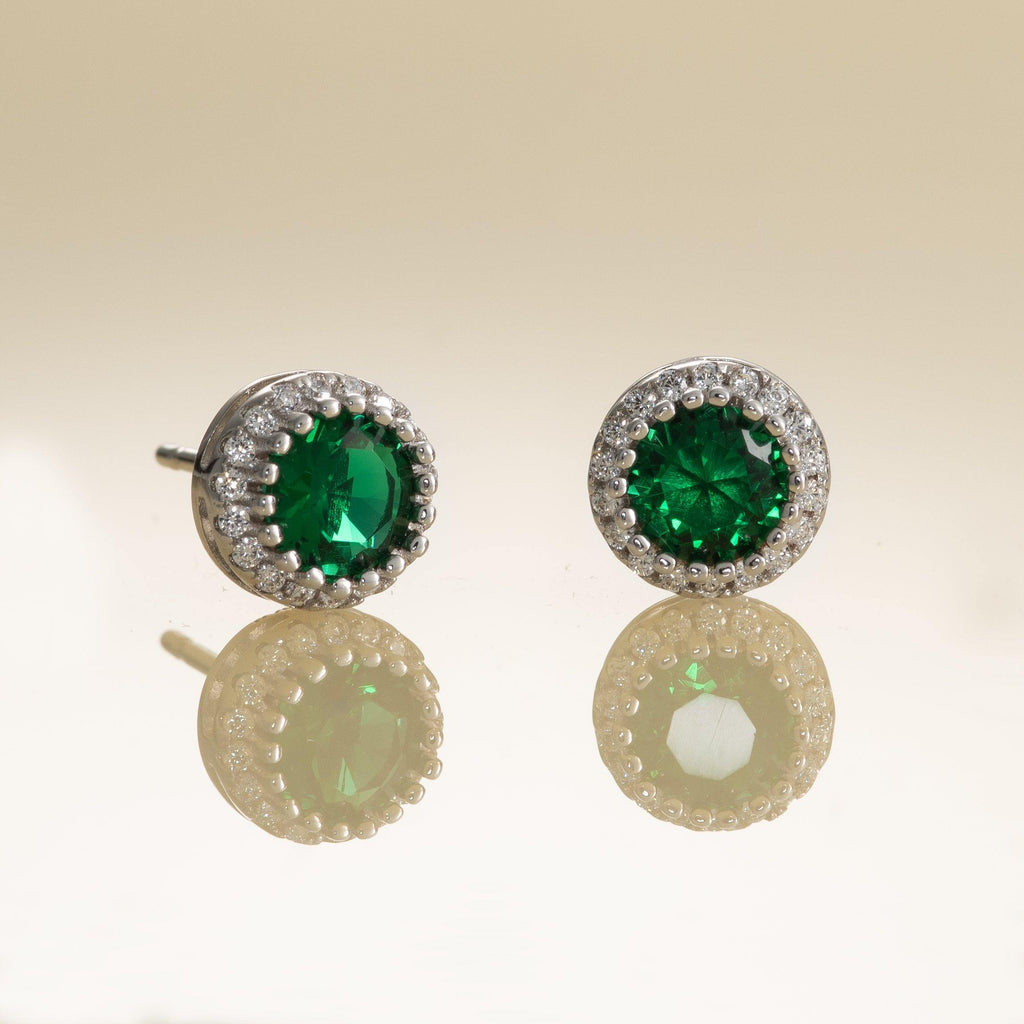 Halo Stud Earrings with Green Cubic Zirconia Stones - namana.london