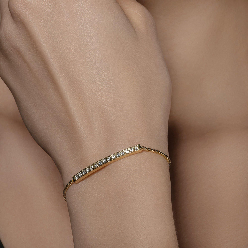 Gold Crystal Bar Bracelet with Adjustable Bead Fastening. - namana.london