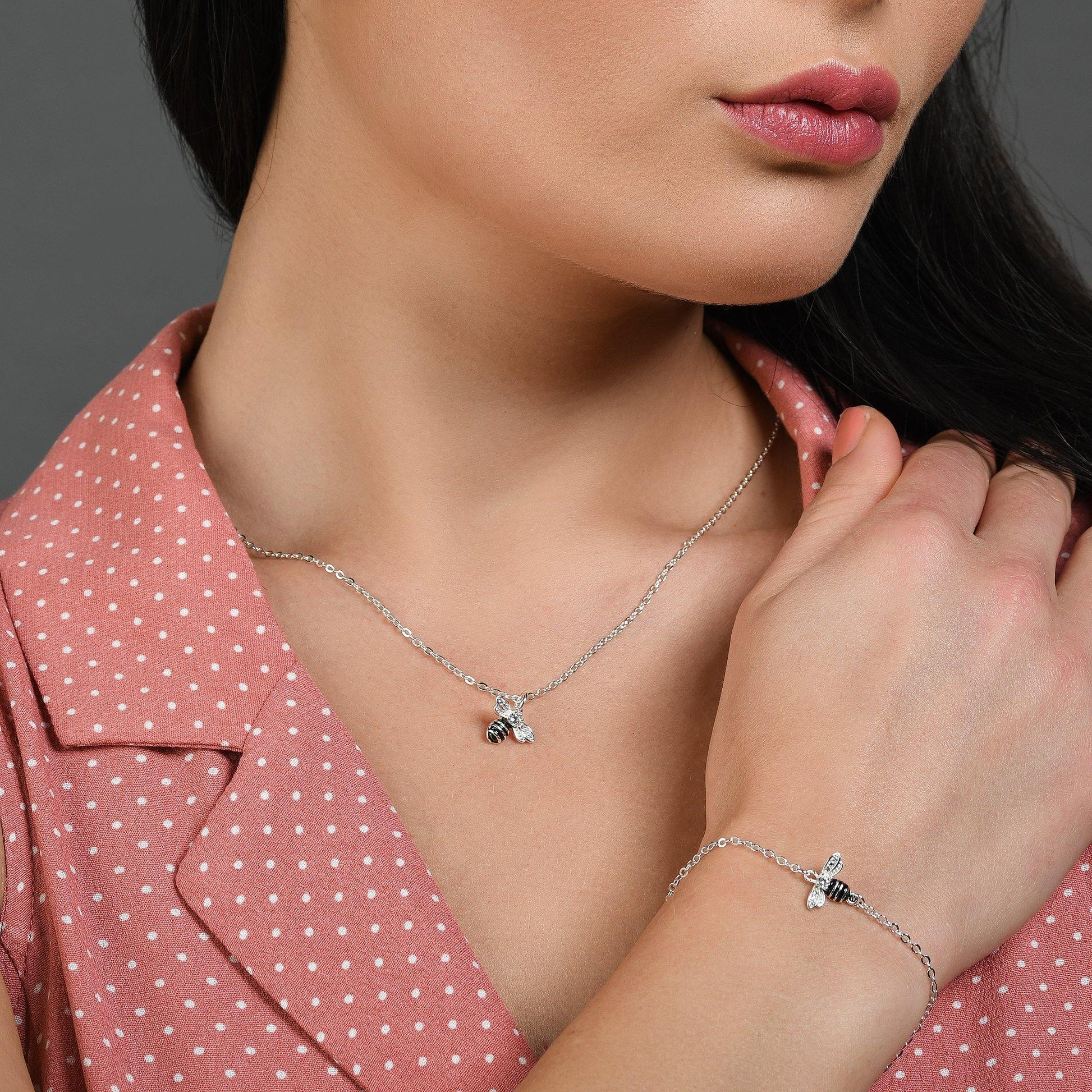 Bumble Bee Necklace with Cubic Zirconia and Black Enamel - namana.london