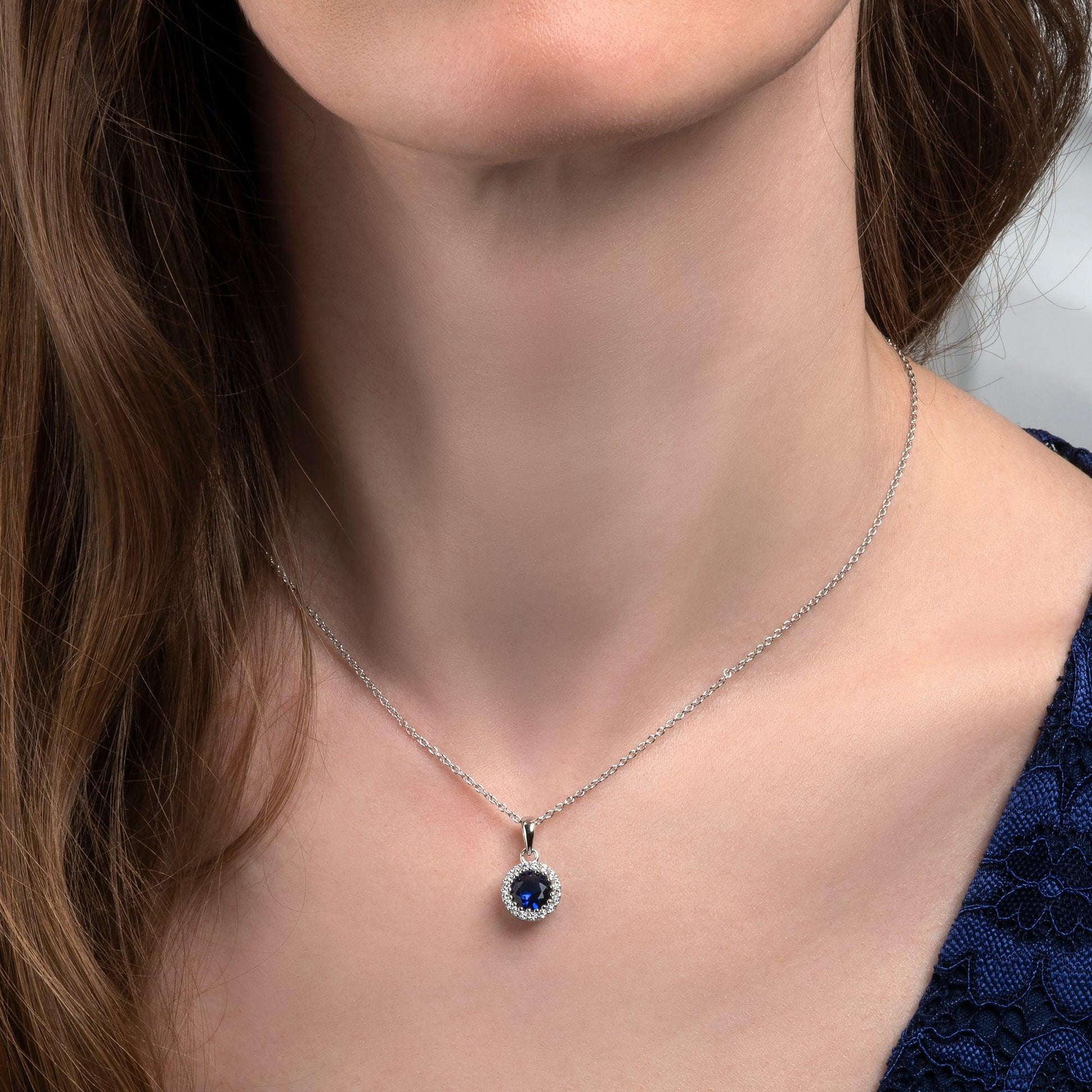 925 Sterling Silver Blue Halo Pendant Necklace for Women. - namana.london