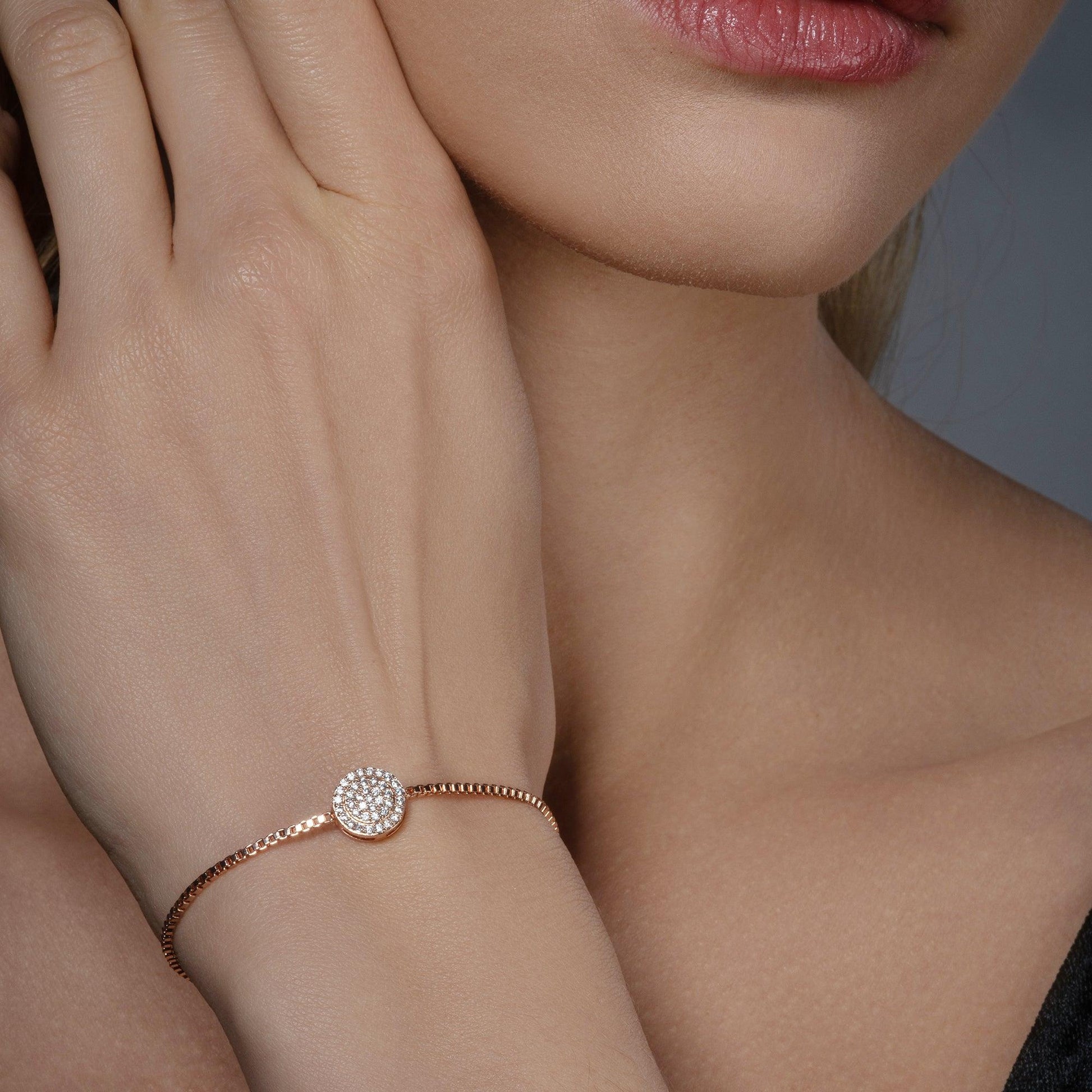 Rose Gold Celestial Disc Bracelet with Cubic Zirconia - namana.london