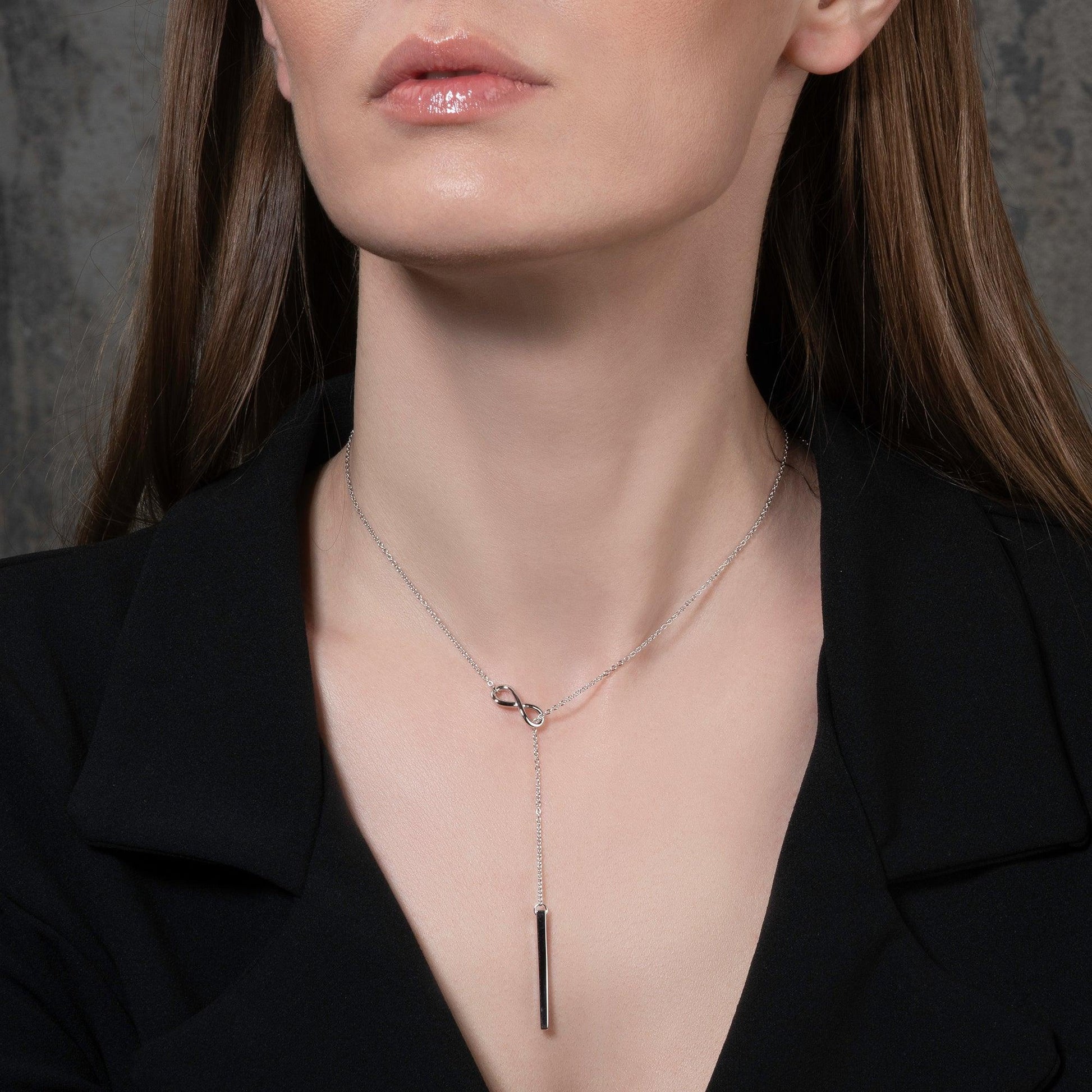 Sterling Silver Infinity Y Necklace. Silver Lariat Necklace with a Vertical Bar - namana.london