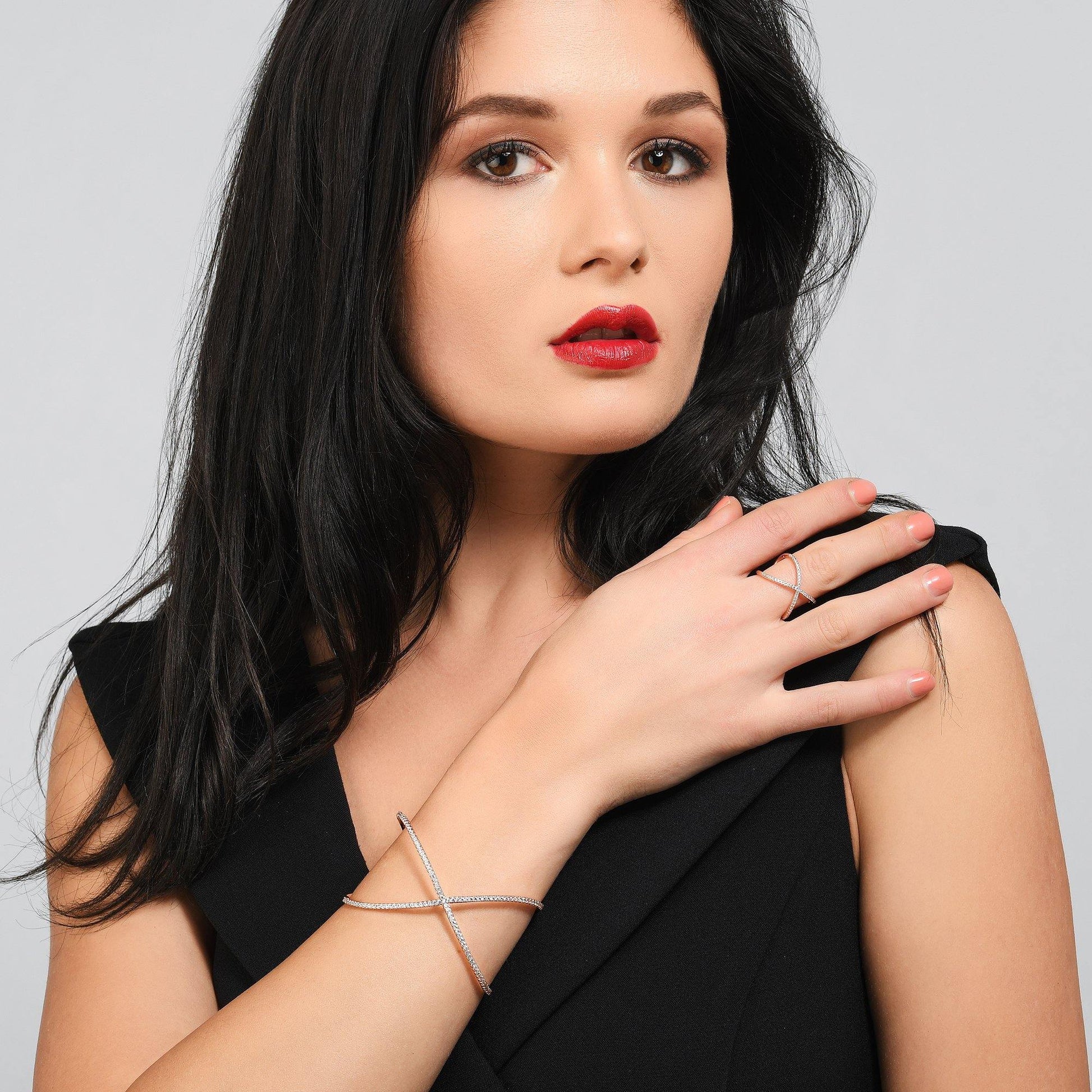 Rose Gold Cross Cuff Bracelet with Cubic Zirconia - namana.london