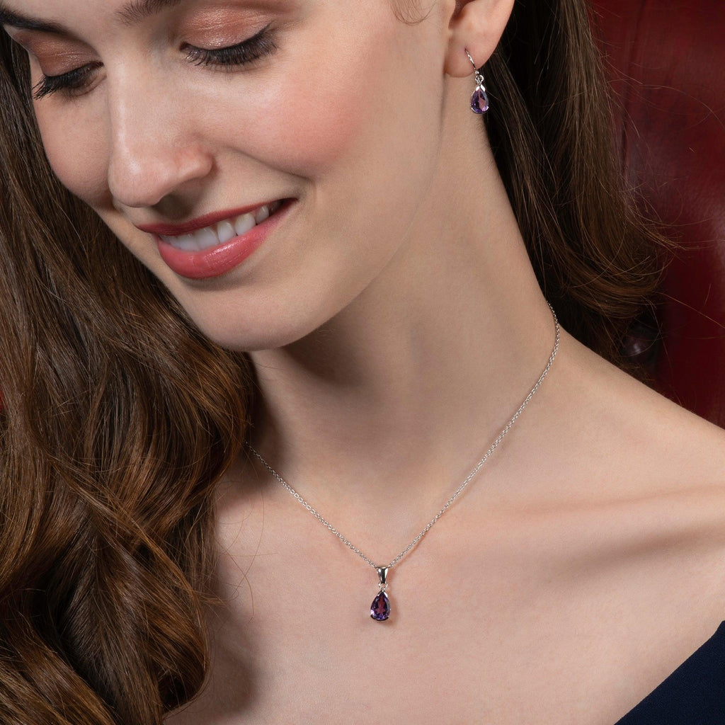 925 Sterling Silver Pear Shaped Amethyst Pendant Necklace - namana.london