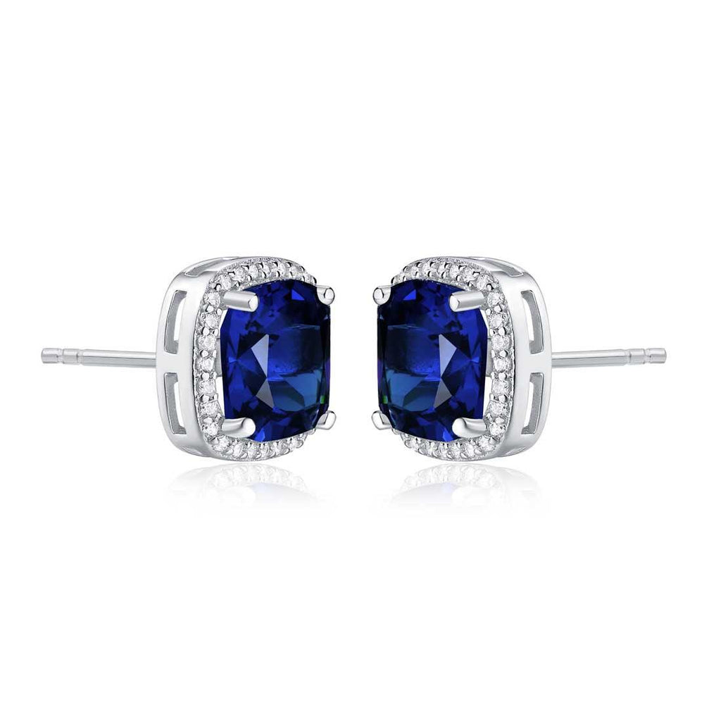 925 Sterling Silver Cushion Shaped Blue Halo Stud Earrings for Women