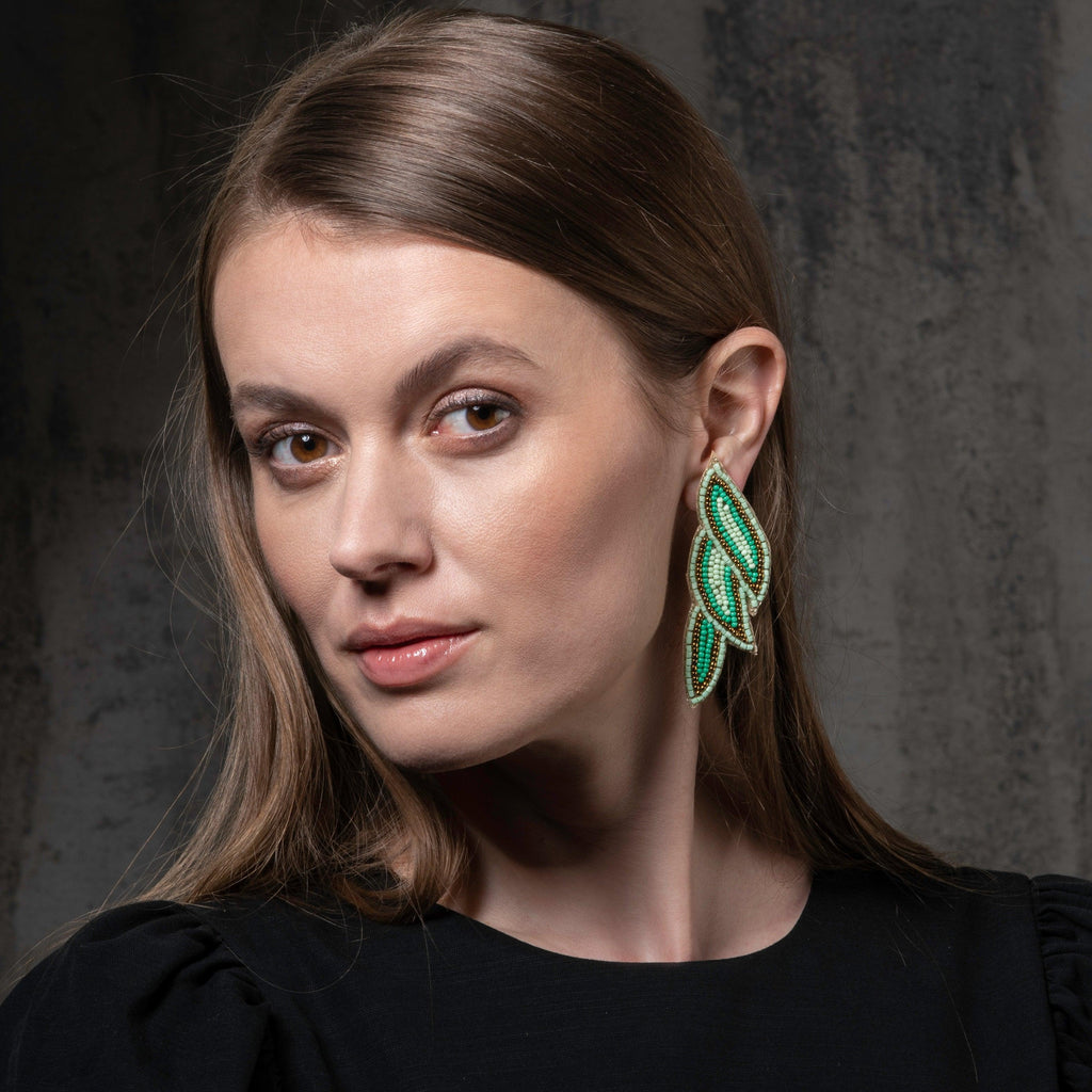 Long Green Beaded Statement Earrings for Women