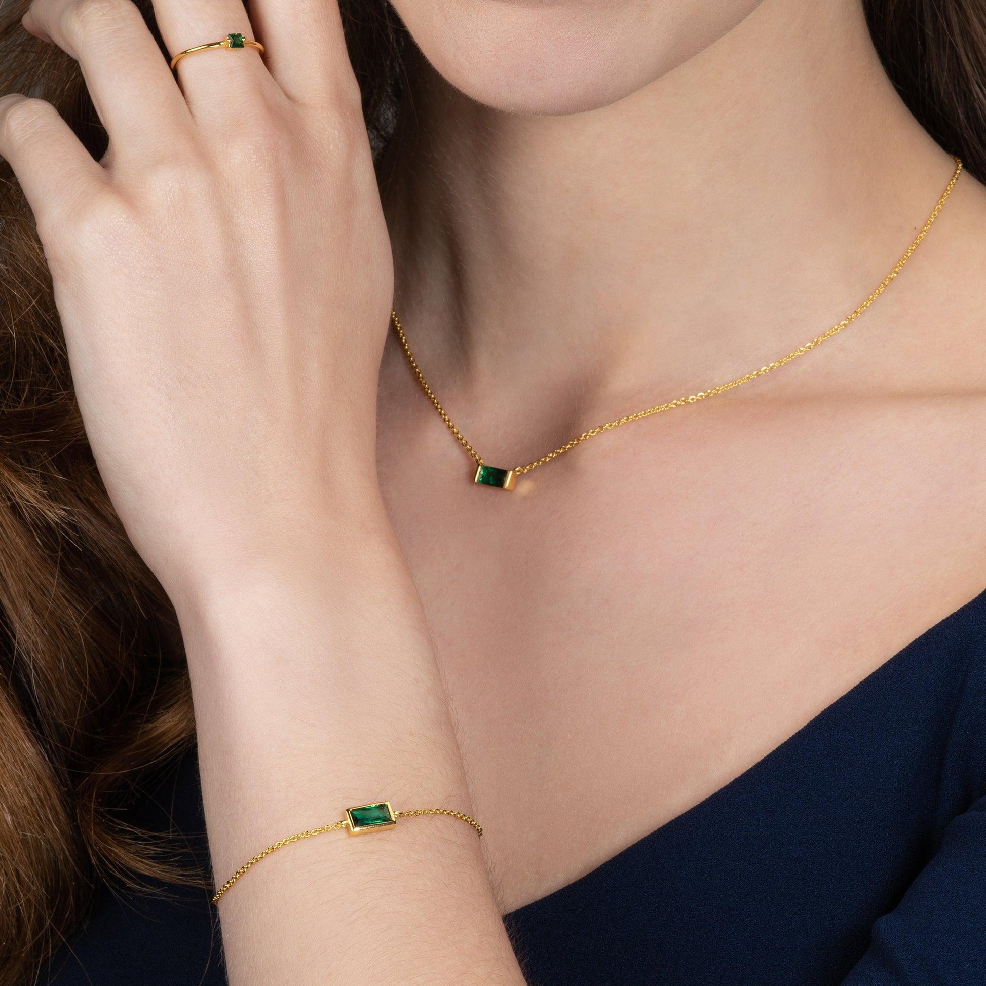 Dainty Gold Bracelet with a Green Cubic Zirconia Stone - namana.london
