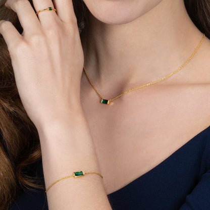 Dainty Gold Bracelet with a Green Cubic Zirconia Stone - namana.london