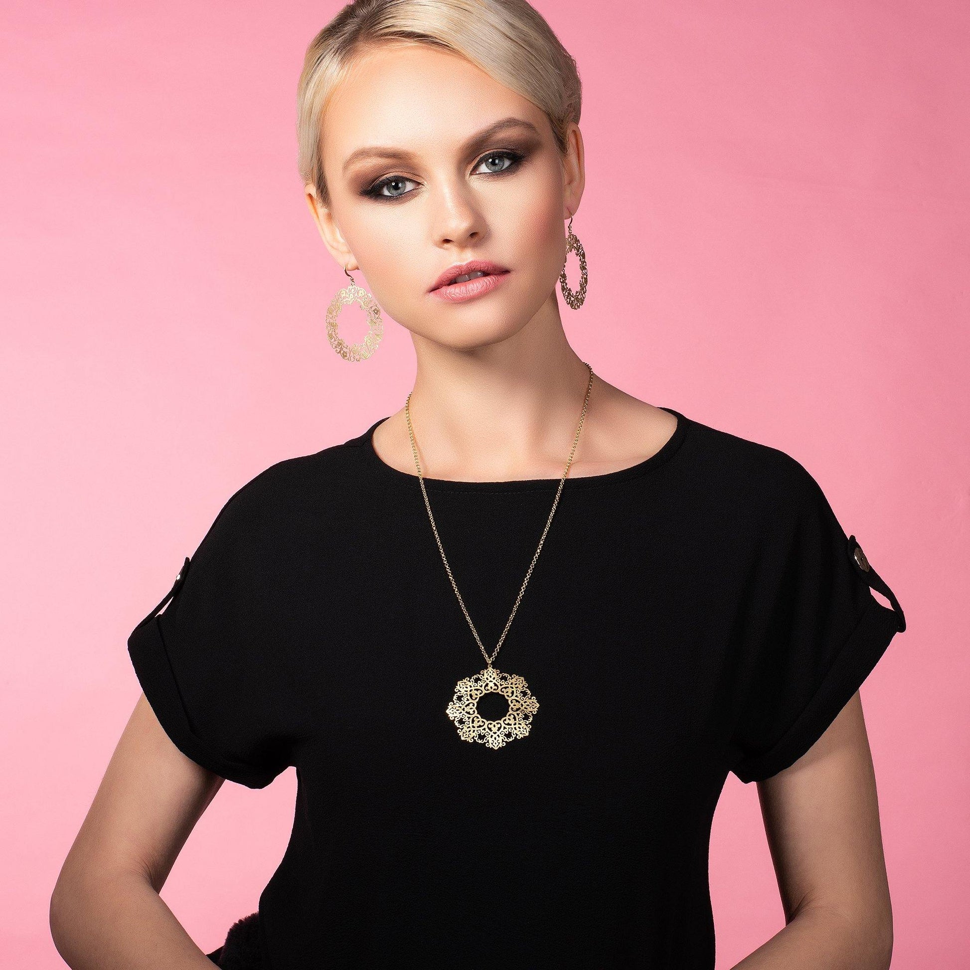 Long Gold Mandala Pendant Necklace with Brushed Finish - namana.london