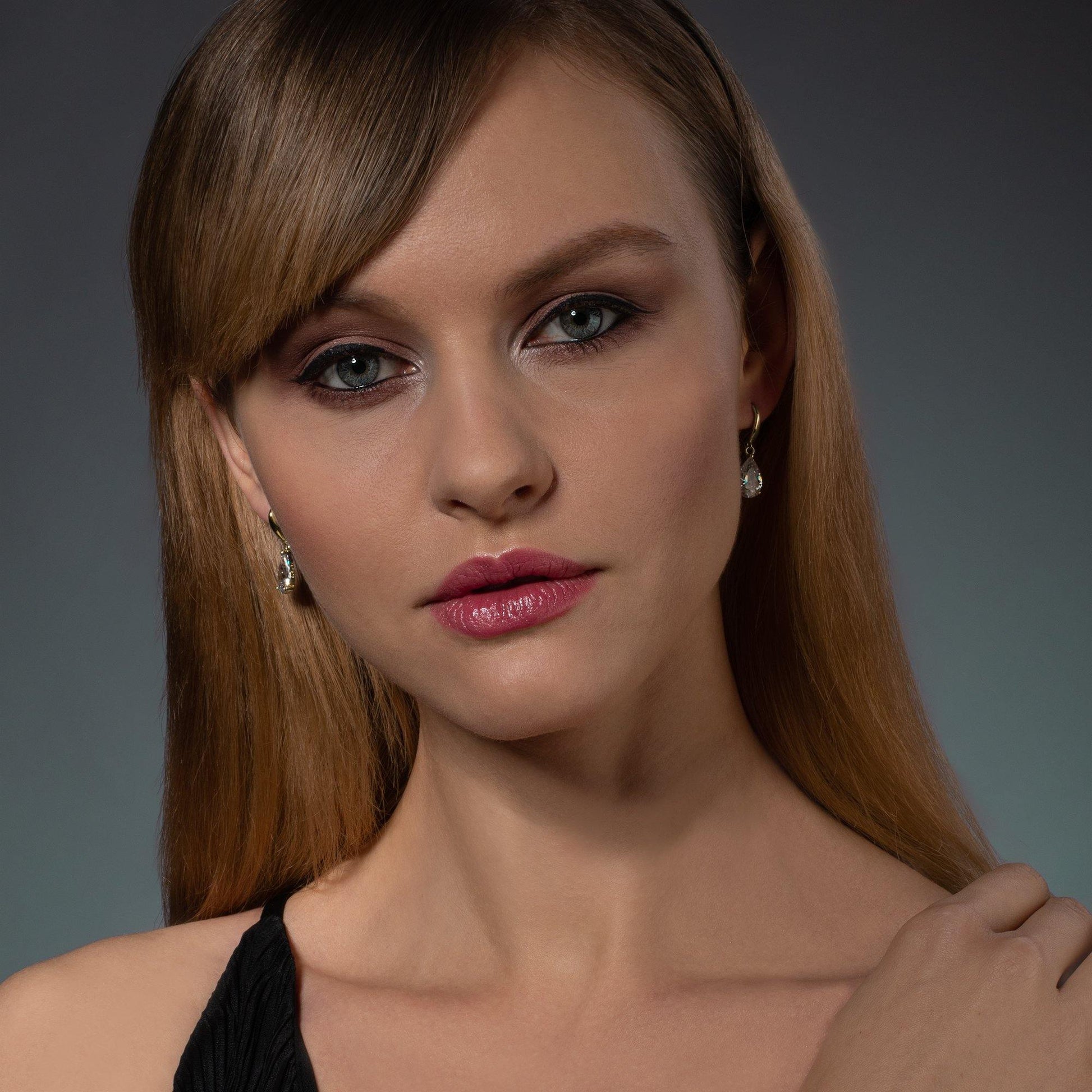 Gold Pear Drop Earrings with White Cubic Zirconia - namana.london