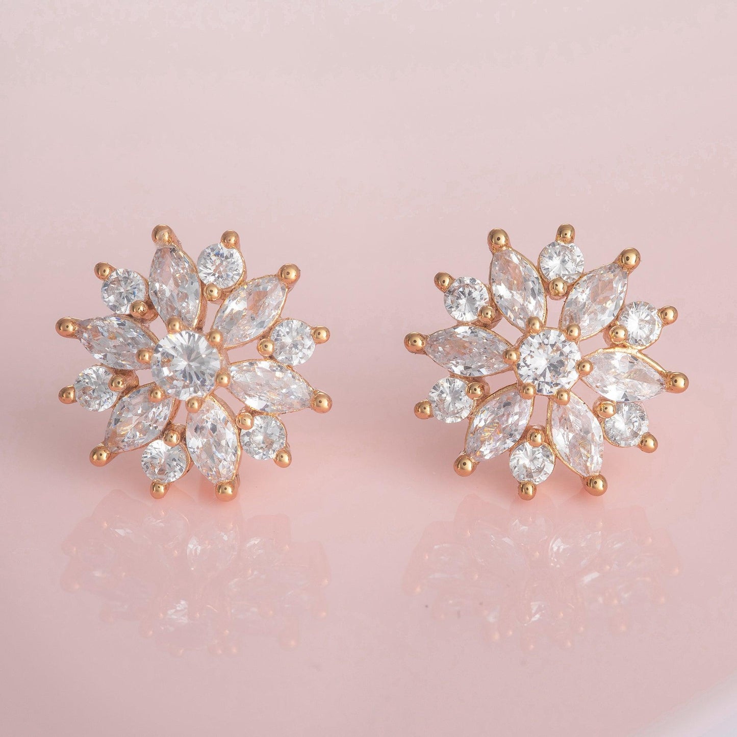 Large Gold Cubic Zirconia Flower Stud Earrings for Women - namana.london