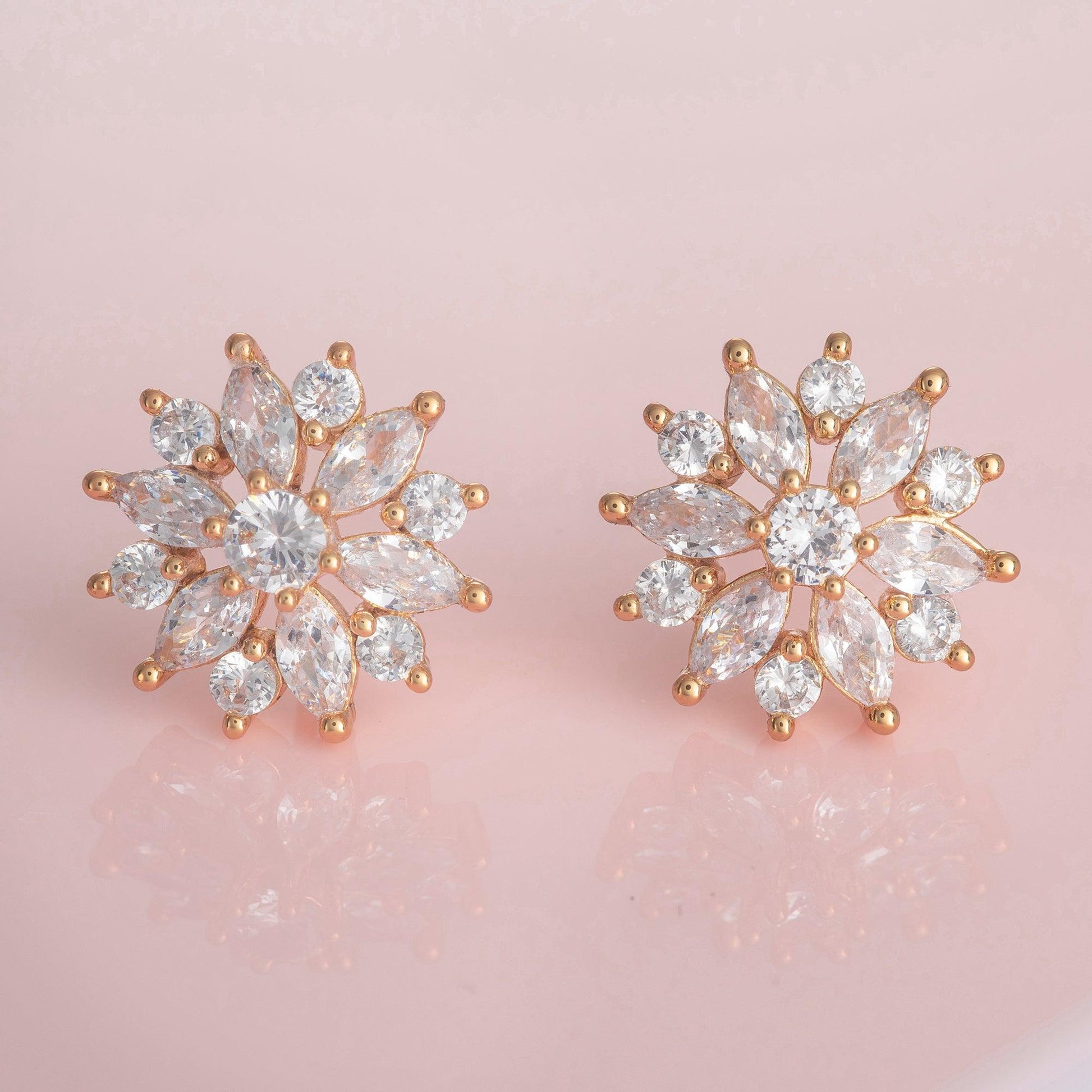 Large Gold Cubic Zirconia Flower Stud Earrings for Women - namana.london