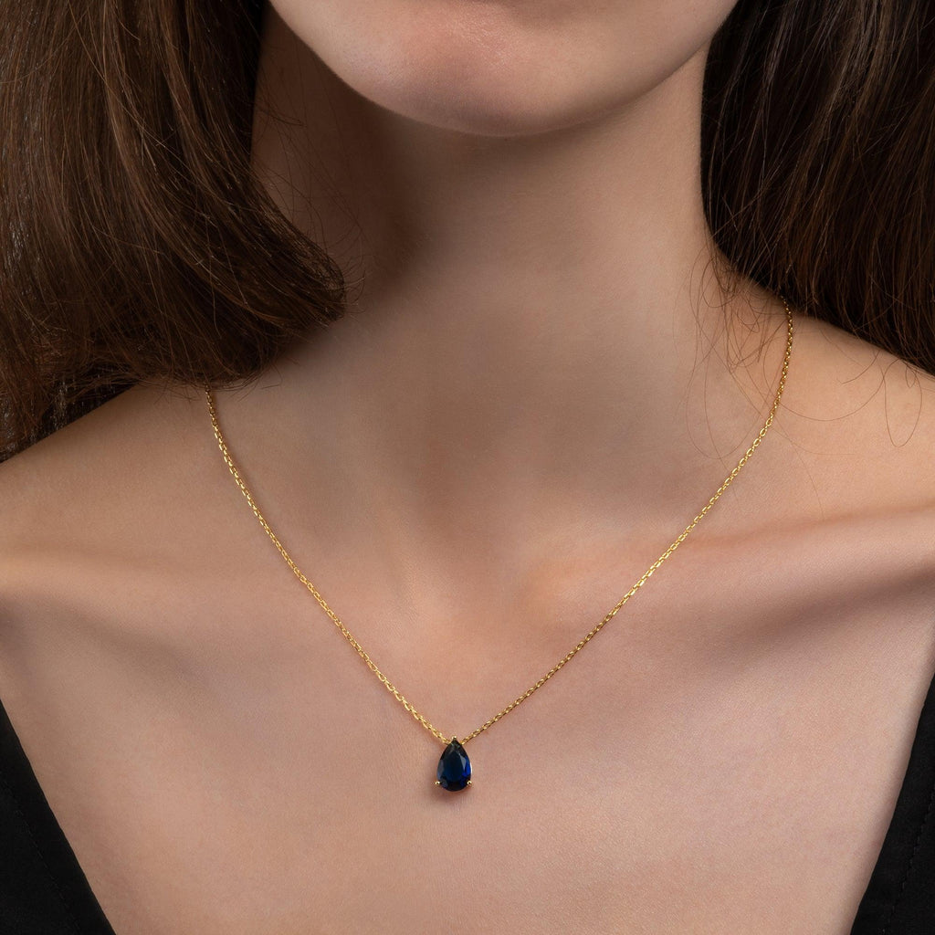 Gold Plated Blue Pear Pendant Necklace for Women.