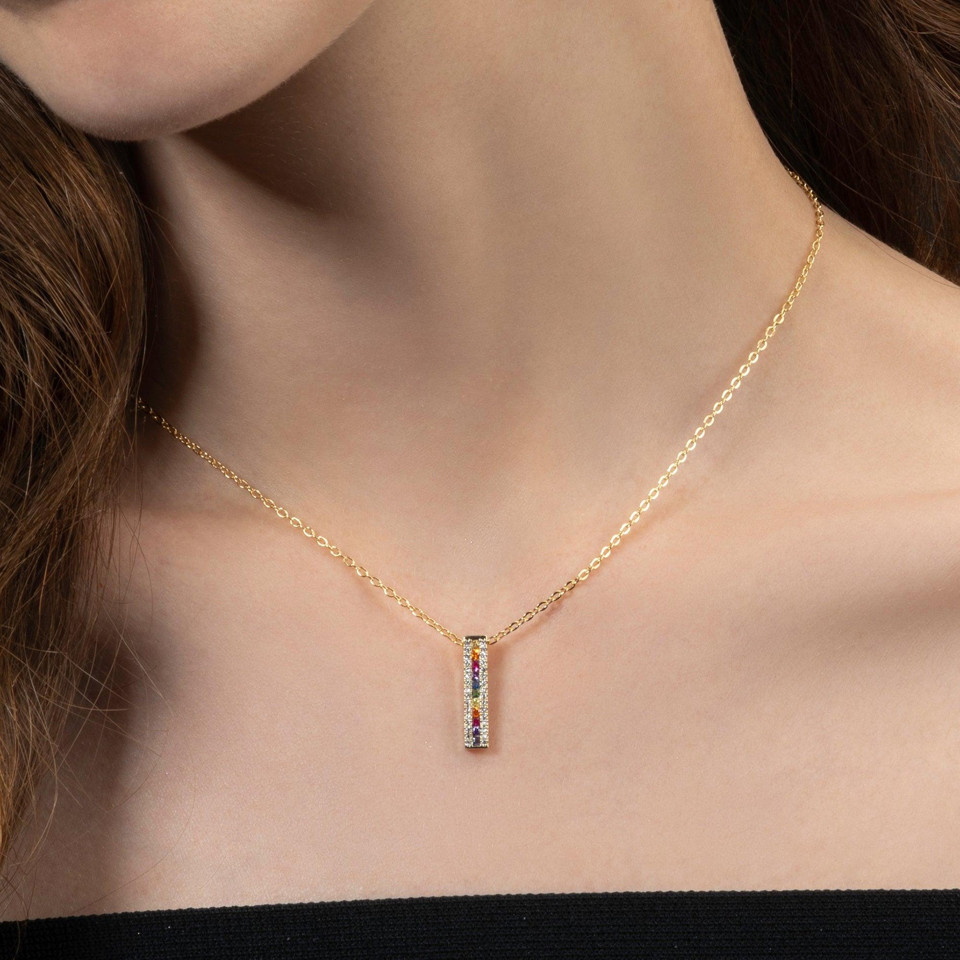 Gold Rainbow Bar Pendant Necklace with Coloured Zirconia Stones - namana.london
